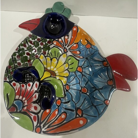 Handmade Talavera Ceramic Chicken Serving egg Dish 10" Colorful Floral Design - Picture 1 of 6